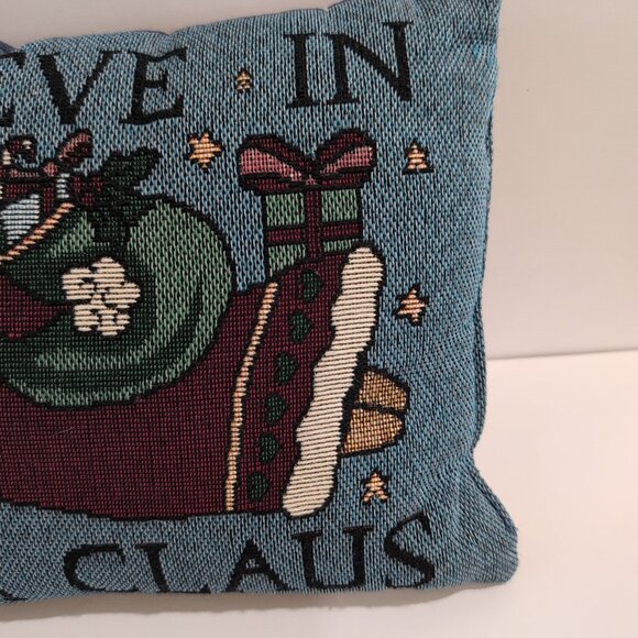 Vintage Christmas Tapestry Accent Pillow "I Believe in Santa Claus" 12"×8" Blue - Picture 4 of 5